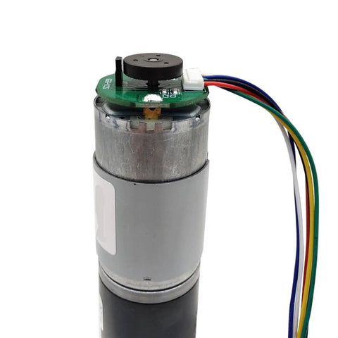 Super Sleek DC Geared Motor With Hall Encoder Runs On 12v Or 24v Power featuring a metallic housing and wiring for robotics use.