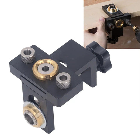 Hella Sturdy Aluminum Dowel Jig and Pocket Hole Drill Guide Kit for Rapid Woodworking, featuring brass alignment for precision drilling.