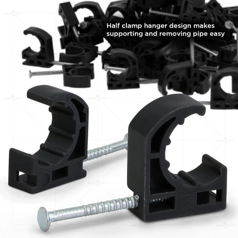 Highcraft half clamp with nail for 1/2 in PEX pipe, black; two clamps shown