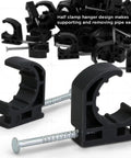 Half Clamp J Hook With Nail For PEX Tubing Support One Half Inch Black Durable Plastic Pipe Hanger Designed For Secure One Half Inch PEX Installation And Easy Wall Mounting No Fuss in a bulk pack with nails.