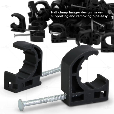 Half Clamp J Hook With Nail For PEX Tubing Support One Half Inch Black Durable Plastic Pipe Hanger Designed For Secure One Half Inch PEX Installation And Easy Wall Mounting No Fuss in a bulk pack with nails.