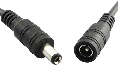 Close-up of black DC male and female adapter cables included with Dope Little LED Dimmer Switch With Knob Controller For Single Color DC 12V 24V