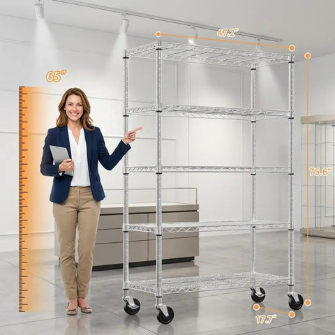 Tough As Nails Five Tier Chrome Wire Shelving Rack With Locking Casters And Nsf Certification For Kitchen Garage Or Home Office Storage Up To Three Hundred Fifty Pounds Per Shelf displayed next to a woman for size reference.