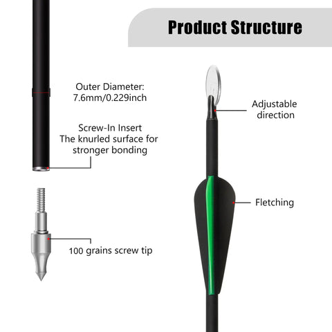 30 Inch Carbon Arrows 7 Pack With Removable Tips For Compound And Recurve Bows, 100 Grain Rotatable Broadheads diagram