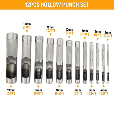 12 Piece Hollow Hole Punch Set for Leathercraft and DIY Projects with knurled grip, showing 12 sizes from 3mm to 19mm steel punches