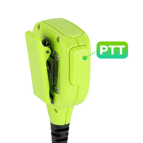 Back view of a neon green Waterproof Shoulder Speaker Mic for Two Way Radios With 3.5mm Jack And 2 Pin, showing PTT button.