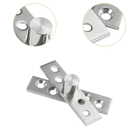 Three Piece 360 Degree Rotating Door Hinges Center Pivot Set stainless steel close-up with drilled holes.