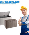 2 Pack Hinge Replacement Kit For Keter Deck Box next to deck boxes and smiling worker in hard hat