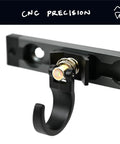 Spring Loaded L-Track Gear Hook Set, Adjustable Base, Heavy-Duty 100 lb Break Strength, 25 lb Working Load, Black, mounted on rail.