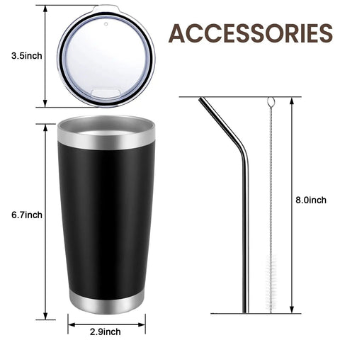 Eight Tough As Nails Twenty Ounce Double Wall Insulated Stainless Steel Tumblers With Secure Lids And Straws That Keep Your Sippin Frosty Or Steaming Hot All Day Long In Sleek Black Finish with lid and straw dimensions