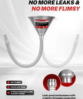 Spill Free Oil Change Kit With Steel Funnel, 14.6 Inch And 26.2 Inch Hoses, showing flexible steel and threaded connection.