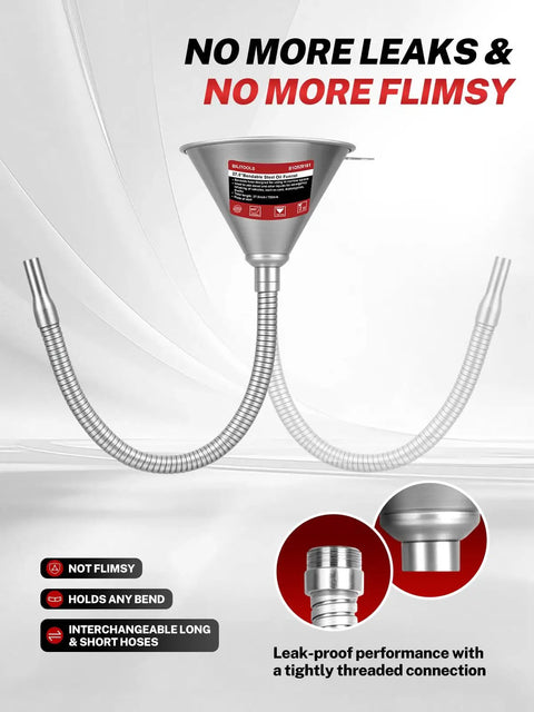 Spill Free Oil Change Kit With Steel Funnel, 14.6 Inch And 26.2 Inch Hoses, showing flexible steel and threaded connection.