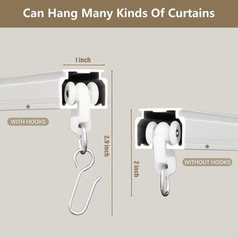 Heavy Duty Ceiling Curtain Track System With Wall Mount No Fuss Ultra Quiet Pulleys Aluminum Channel For Room Divider And Curtains Waterproof And Rust Resistant Smooth Glide Easy Install White Finish Fits 3 To 9 Feet, hooks detail