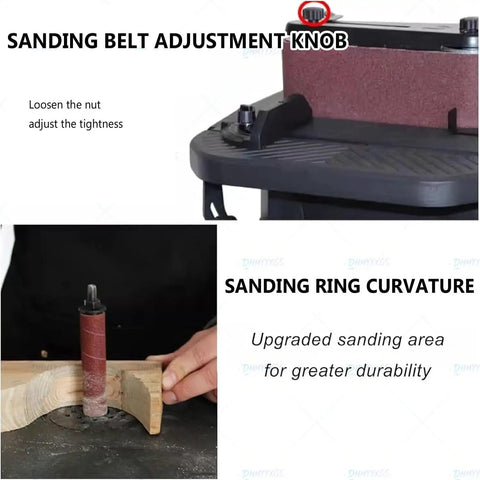 Tough As Nails Wood Sander With A Mighty 500 Watt Motor Vertical Oscillating Belt And Drum Kit showing sanding belt adjustment knob and curved sanding ring.