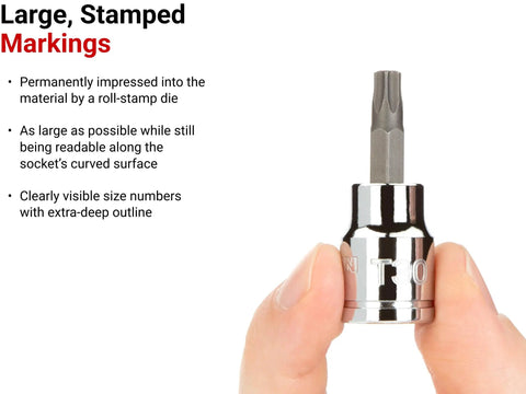 Three Eighth Inch Drive T40 Torx Bit Socket With S2 Steel Bit Press Fit For A Solid High Torque Grip Six Lobe Torx Design, large marking