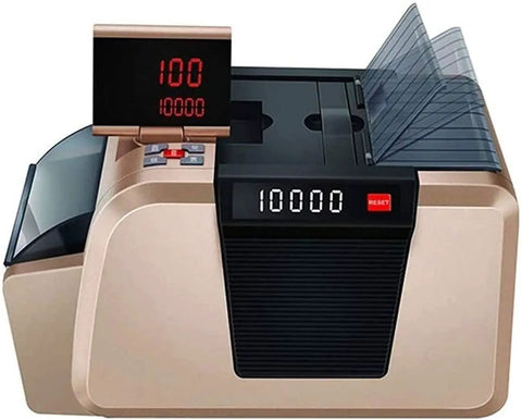 Slick Money Counter With Smart Infrared Fake Note Detection Heavy Duty Cash Counting Machine Quiet LCD display from the front showing digital readout.