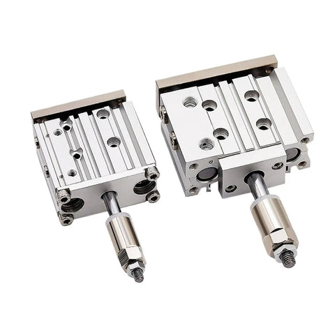 One Piece Adjustable Stroke Pneumatic Air Cylinder With Compact Guide Rod And Straight Shooting Three Axis Actuator viewed from the side, showcasing size and design.