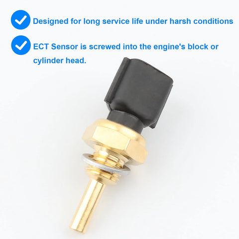 Coolant temperature sensor, close-up view with brass probe and black plastic connector.