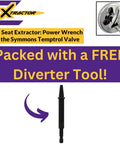 Seat Power Tool Extractor Set For Symmons Temptrol Valves Includes Extractor Classic Extractor Evolve Diverter And Power Drill Bit For Frozen Seat Removal With Pro Grade Performance And 18V Impact Gun Compatibility showcasing product features and free diverter tool offer.