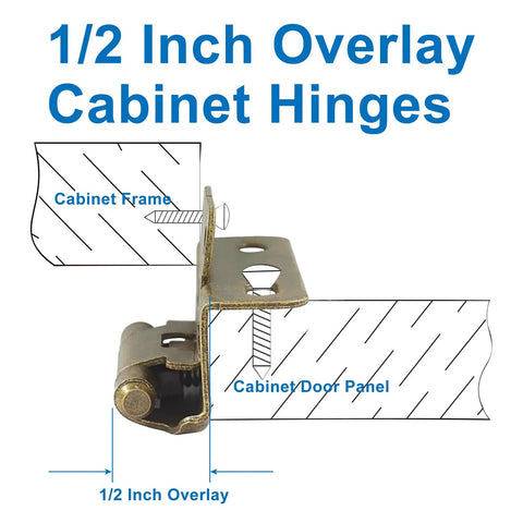 1/2 inch overlay cabinet hinge showing semi concealed joint and installation details for Four Pack Half Inch Overlay Cabinet Hinges With Full Hardware Antique Brass Finish Kitchen Refresh Smooth As Butter Semi Concealed Joints Tough Build No Fuss Simple Installation Premium Grade Hardware For Your Home Remodel Project.