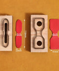 2 Piece Strap End Cutting Mold Set With Wooden Dies And Japanese Steel Cutters for leathercraft, showing red leather shapes and measurements.