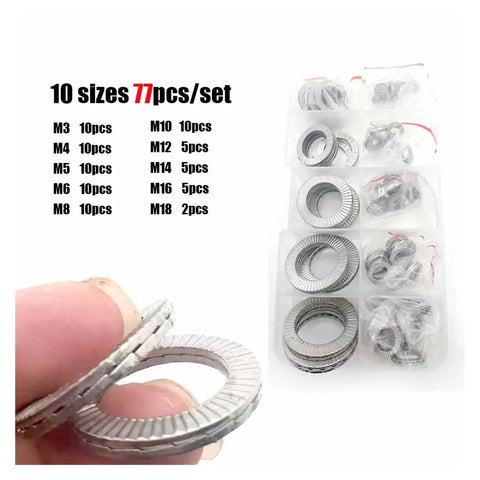 Double Layer Self Locking Washers Kit 77 Piece Set M3 To M18 In 304 Stainless Steel For Vibration Resistant Bolts DIN 25201 Double Deck Design Built Tough Heavy Duty Fastener Hardware, 10 sizes in bags