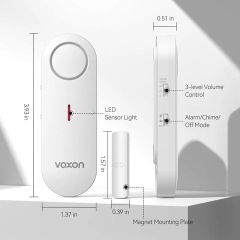 Two Pack Kid Safe Home Door Alarm System With 2 In 1 Chime And Alarm Three Level Volume Control Loud 98 Decibel Alerts For Doors Windows Rooms Garage RVs Pool House, white plastic, 3.93 in
