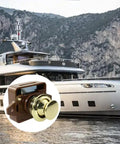 No Sweat Keyless Push Button Door Catch Lock With Smooth Operation For Rv Cabinets Boat Drawers Yacht Cupboards And Motorhome Storage Brown Gold Finish, mounted on a yacht.