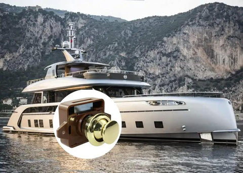 No Sweat Keyless Push Button Door Catch Lock With Smooth Operation For Rv Cabinets Boat Drawers Yacht Cupboards And Motorhome Storage Brown Gold Finish, mounted on a yacht.