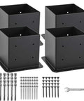 6x6 Post Base Set Of 4 With Inner 5.6x5.6 Post Anchors 13 Gauge Solid Steel Black Powder Coated Built Tough For Lasting Strength Deck Post Brackets And Base Plate Kit For Pergolas Fences Railings Easy Install shown with screws and wrench