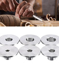 Heavy Duty Stainless Steel Router Template Bushing Guide Set Six Pro Grade Interchangeable Sizes For Flawless Woodworking Trimming Cuts Like Butter Handles Daily Shop Grind Knockout Shop Quality on workbench.