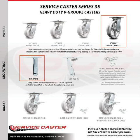 Service Caster heavy-duty V-groove swivel caster lineup with four sizes and an 8x2 in silver wheel, 1250 lb capacity.
