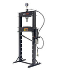 Front view of 20 Ton Shop Press with pneumatic or hand pump, metal frame, for home mechanics and small shops, air compressor compatible.