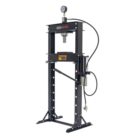 Front view of 20 Ton Shop Press with pneumatic or hand pump, metal frame, for home mechanics and small shops, air compressor compatible.