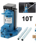 Heavy Duty Hydraulic Toe Jack Lifter, 5 To 10 Ton Capacity, smooth blue design with accessories for auto shops and crews.