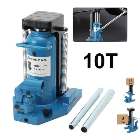 Heavy Duty Hydraulic Toe Jack Lifter, 5 To 10 Ton Capacity, smooth blue design with accessories for auto shops and crews.