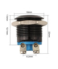 5 Pack 16mm Metal Push Button Switches Industrial Panel Mount Momentary Black Plated Flat Head For Reset Auto Start And Access Control Panels IP65 Durable Construction, side view with 18mm cap
