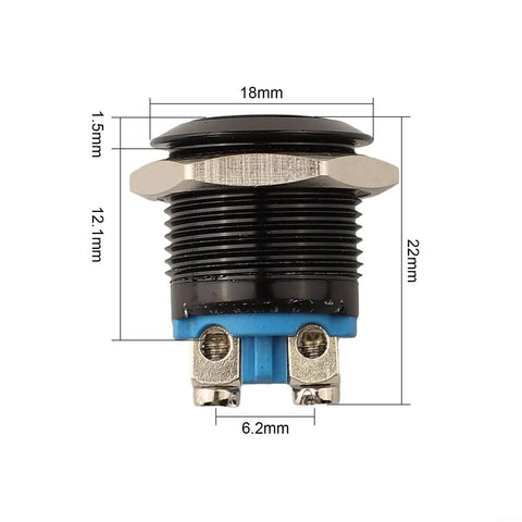 5 Pack 16mm Metal Push Button Switches Industrial Panel Mount Momentary Black Plated Flat Head For Reset Auto Start And Access Control Panels IP65 Durable Construction, side view with 18mm cap