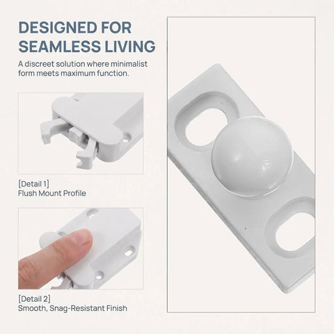 8 Pack No Fuss Self Closing Cabinet Latches with flush mount profile and push button mechanism in white finish
