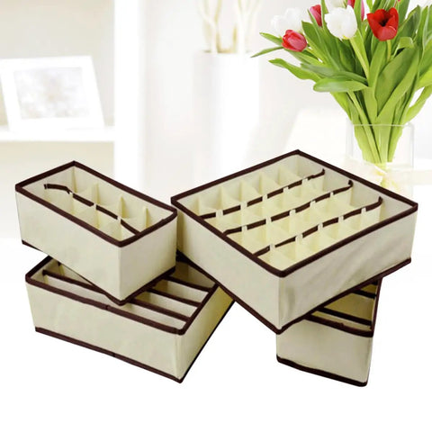 4-Pack Non-Woven Bra Storage Boxes To Sort Your Drawer Drama And Keep Socks Ties Scarves Intact While Absorbing Moisture And Odor So Your Lingerie Game Stays Strong And Your Closet Always Looks Fresh - beige bins with dividers.