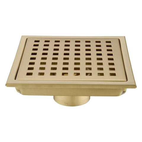 Six Inch Stainless Steel Square Shower Floor Drain With Threaded Adapter And Removable Cover Grid In Brushed Gold Finish A Premium 304 Stainless Steel Shower Drain For A Slick Modern Bathroom Upgrade Easy Install And Durable