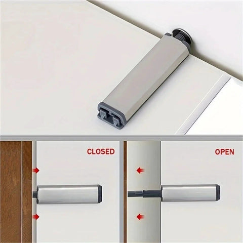 Ten Pack 304 Stainless Steel Magnetic Push Latch Locks for Cabinet Doors showing open and closed positions.