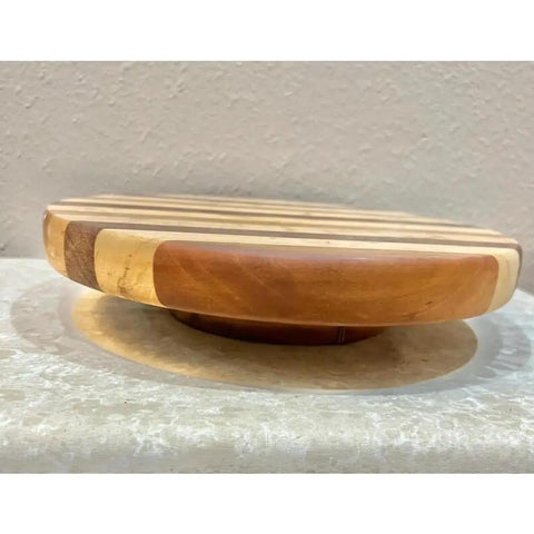 Vintage Handmade Multiwood Lazy Susan Charcuterie Board And Revolving Table Tray For Non Slip Kitchen Use Condiment Spice Rack And Table Organization Display, showcasing wooden grain detail.