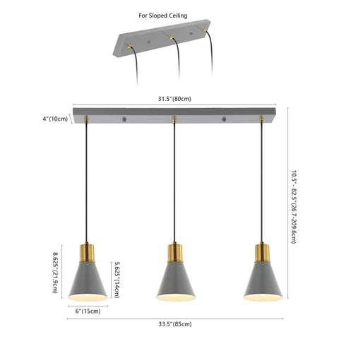 Apollo Style 33.5 Inch Gray And Brass Gold Mid Century Modern Iron LED Pendant With Black Metal Shade Adjustable Hanging Ceiling Light For Kitchen Island And Hallway LED Bulb Included dimensions diagram