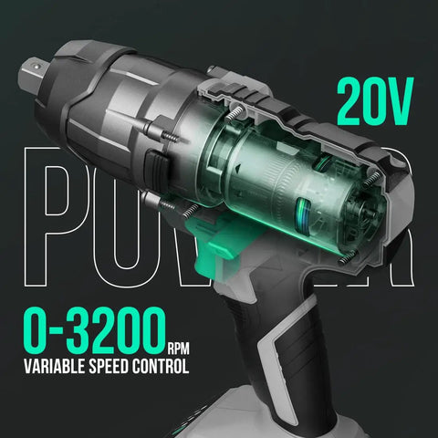 Image of Compact Cordless One Half Inch Impact Wrench With 320 Foot Pounds Max Torque, 20V Tool Kit highlighting motor details.