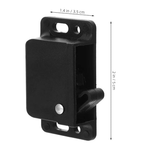 Black push open cabinet catch with side mounted design for RV cabinets and home use, 1.4x2 inches