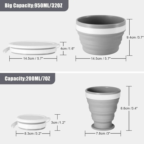 Collapsible Silicone Cup And Bowl Set For Camping Portable Ultralight Mess Kit with 950ml bowl and 200ml cup with dimensions