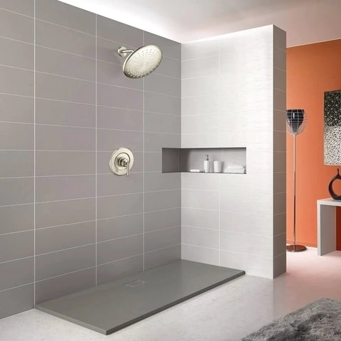 Modern bathroom with Gibson Posi Temp Valve Trim Kit Brushed Nickel With Metal Construction And Easy Adjust Lever And Red Blue Temperature Indicator