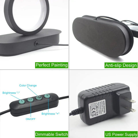 Go To LED Table Lamp For Nightstand And Desk With Dimmable 18W LED And Three Color Temperature Options Modern Circle Design base, switch, and adapter details.