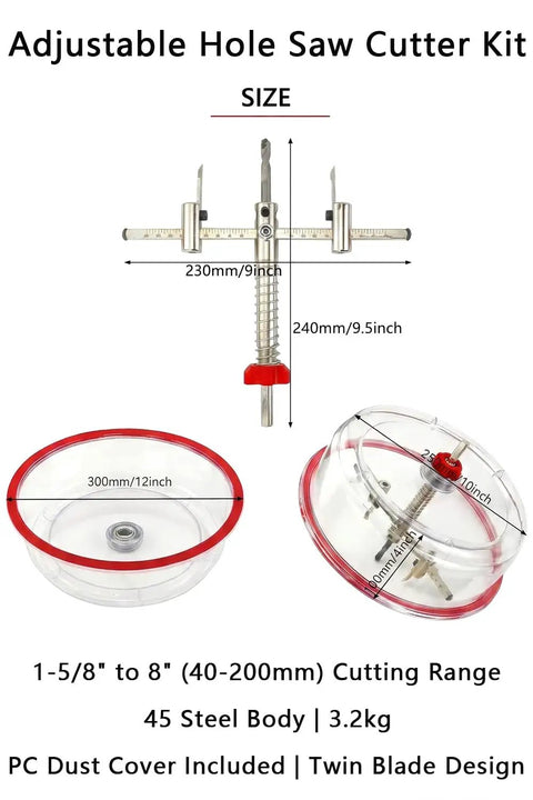 Heavy Duty Adjustable Hole Saw Cutter Kit Twin Blade Drywall Tool For Recessed Lights Cuts Like A Dream With Zero Hassle Featuring Clear Dust Cover and dimensions.